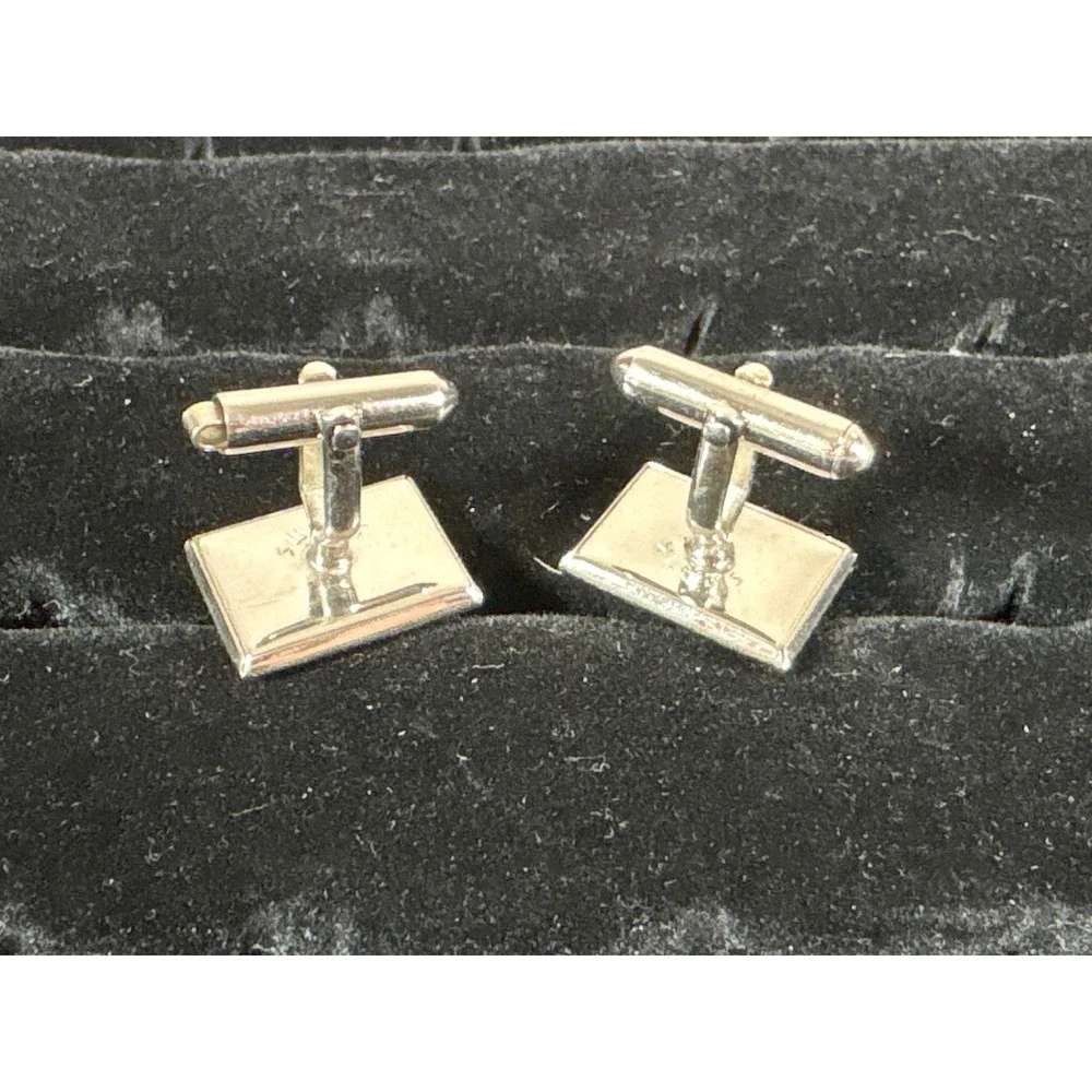 Vintage Swank Mens Rectangular Silver Tone Smokey Gray Stone Inlay Cufflinks